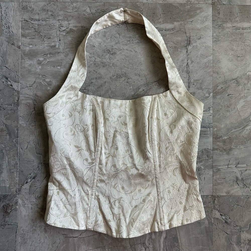 ZumZum by Niki Livas vintage y2k cream gold floral embroidered halter corset top
